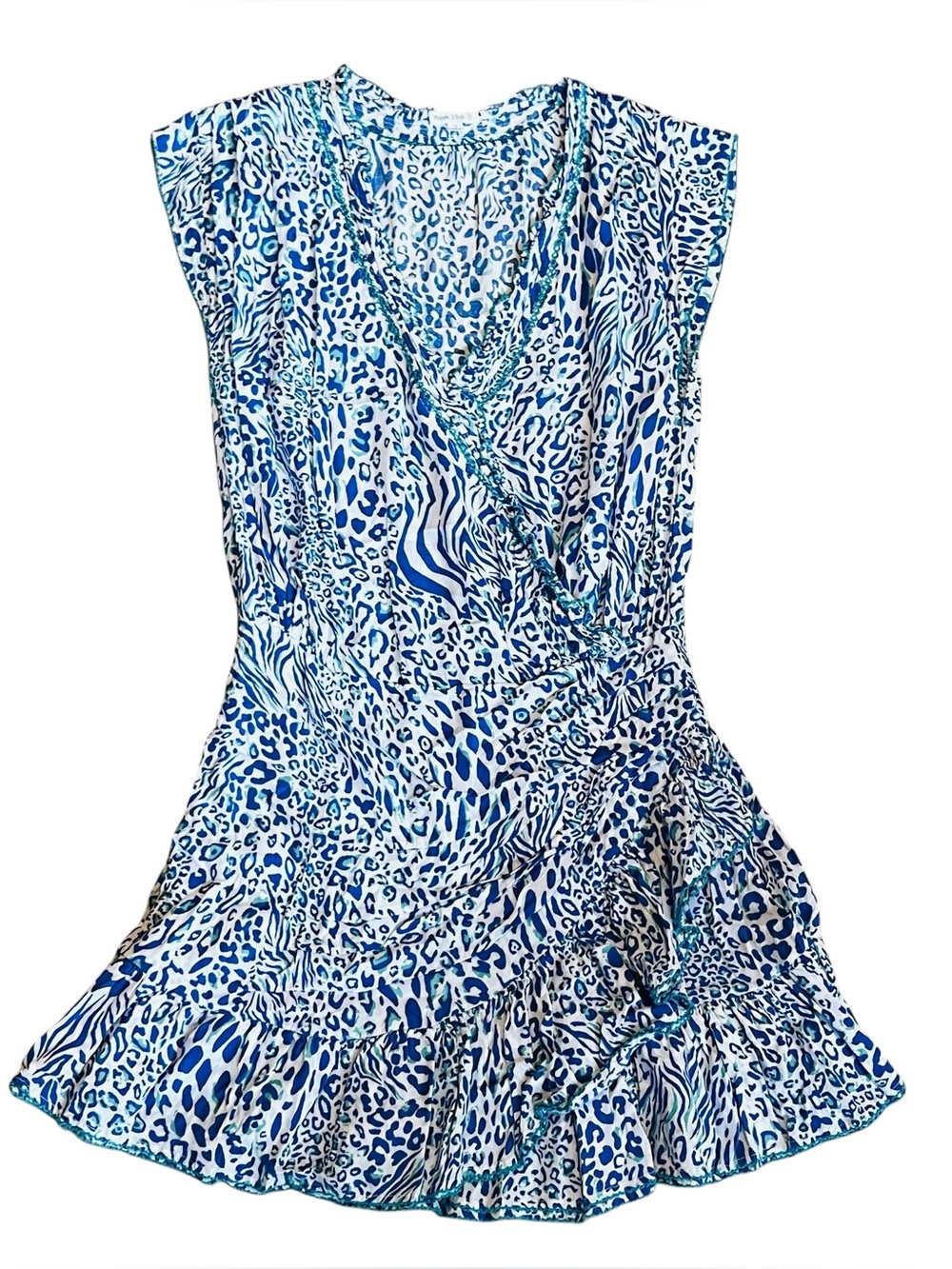 Poupette St Barth Women’s Sz M Animal Print Mini Dress Estel Blue White Ruffle - Picture 4 of 16